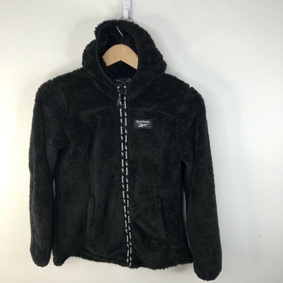 Reebok Zip up Fleece Fuzzy Full Zip Jacket Womens Small Black - Picture 1 of 9